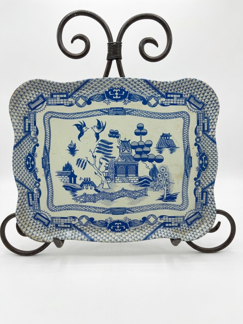Vintage Blue Willow Metal Serving Tray Mid Century Kitchen Decor